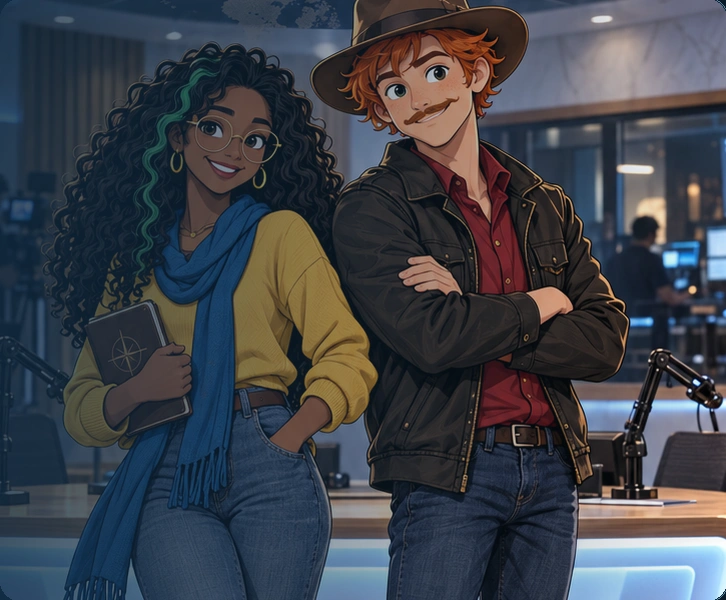 Maya with her green hair streak, gold glasses and blue scarf, beside Theo in his brown hat and dark jacket, in their studio.